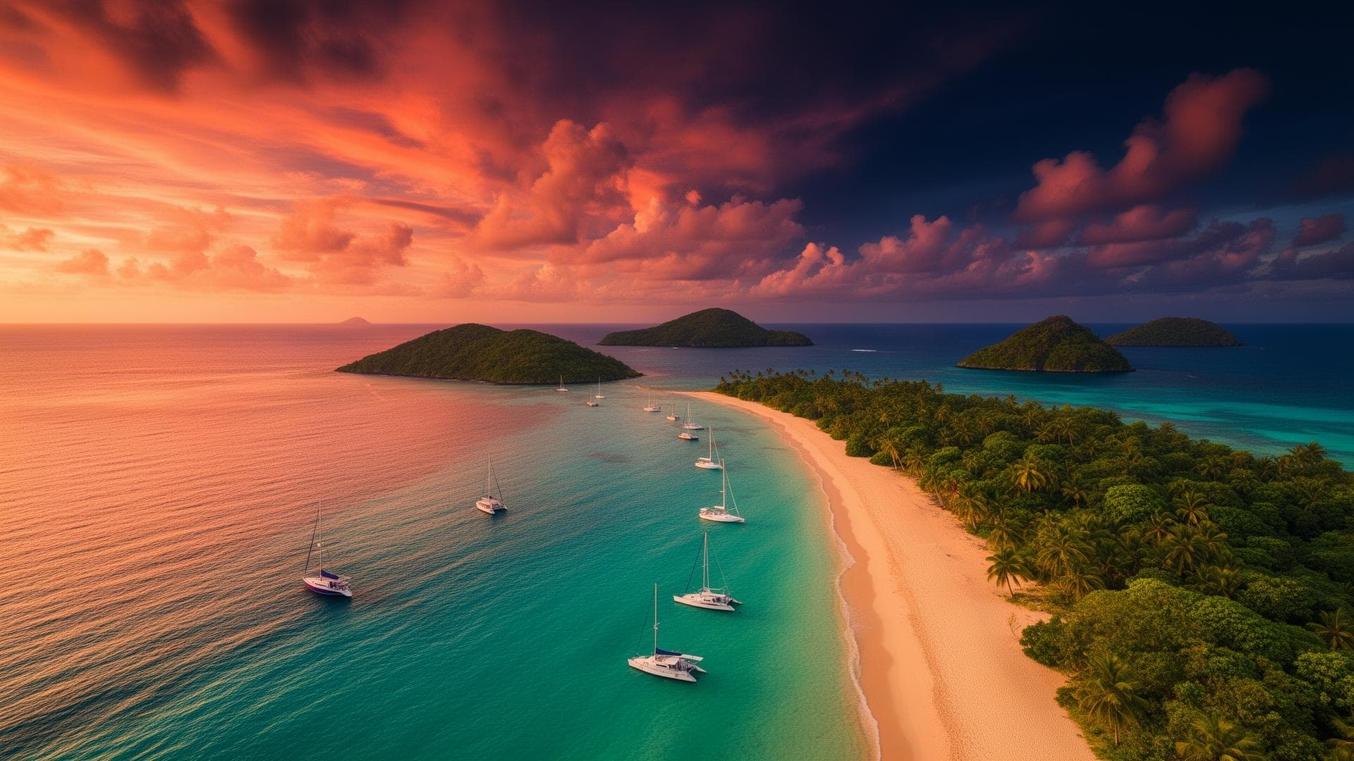 Tropical sunset over turquoise ocean and white sand beach